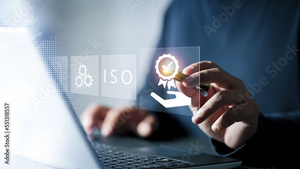 Fototapeta Certification and standardization process, iso certified business, conformity to international standards and quality assurance concept. Person touching certificate icon..
