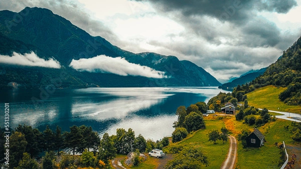 Obraz View to fjord and water from drone in Norway