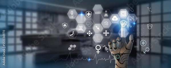 Fototapeta Finger Robot  touch on virtual screen of insurance technology, health family car money travel, Insurtech concept to use AI for  customer analysis, customize service. Future insurance industry growing