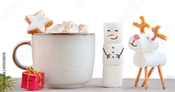 Obraz Christmas mug with hot chocolate, marshmallows and red gift box. XMas stars cookies and marshmallow snowman. christmas festive banner with yellow glittering background, copy space for text.