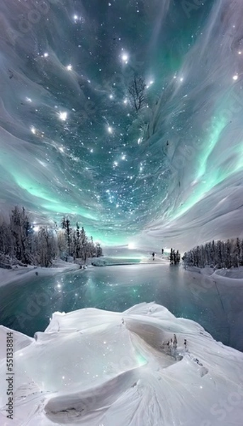 Fototapeta Winter snow covered landscape, northern lights in the sky reflecting on the lake, icy blue colors, Merry christmas and happy new year greeting background