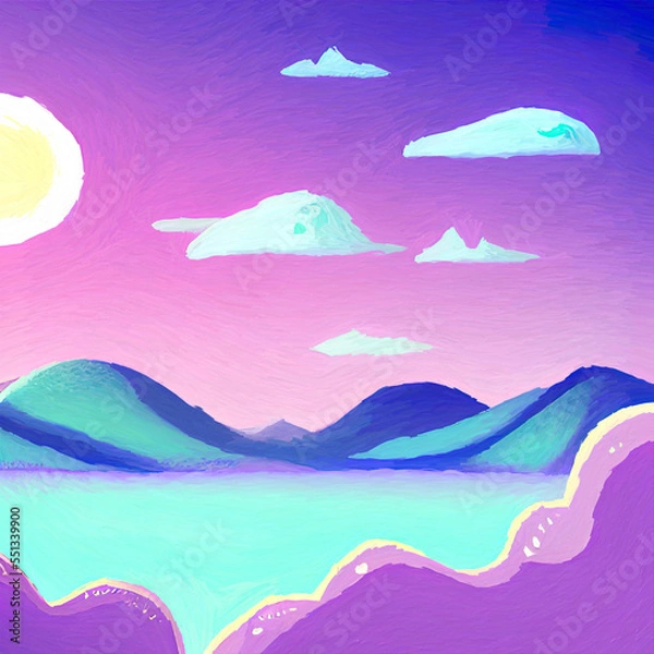 Fototapeta Digital art painting - sea and mountains tropical landscape. Simple forms illustration. Graphic drawing paradise resort in pastel colors.