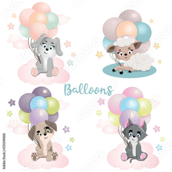 Fototapeta A set of cute animals with balloons. A set of vector images with pets illustration