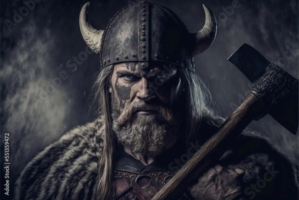 Obraz Viking with an axe. Medieval warrior in armor. Scandinavian man. created with ai