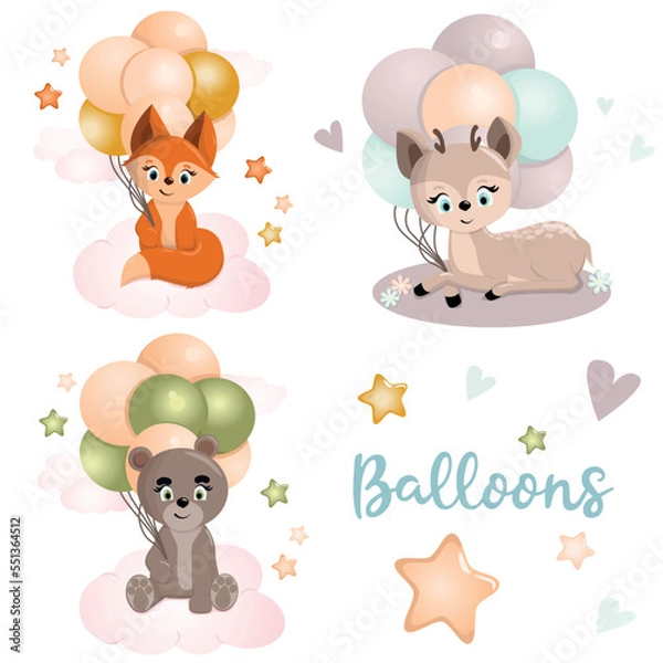 Fototapeta A set of cute animals with balloons. A set of vector images with pets illustration