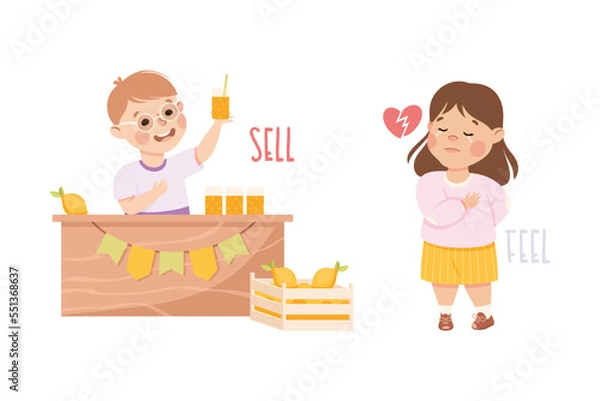 Fototapeta Little Boy and Girl Selling Lemonade and Feeling Broken Hearted Demonstrating Vocabulary and Verb Vector Set