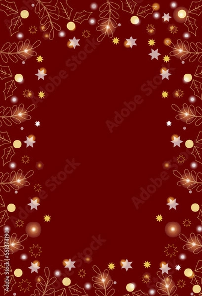 Fototapeta Christmas frame with gold elements.Xmas frame illustration on red background