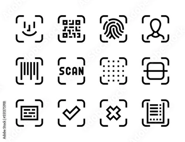 Obraz QR code, Face recognition and Scan process line vector icons. Identification, Authentication and Object scanning editable stroke outline icon set.