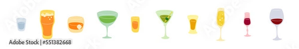 Fototapeta Vodka beer whiskey vermouth rum martini tequila champagne liquor red wine glass on white background. Cartoon sketch. Flat style. Conditional colored hand drawn image. Party drink concept. Freehand