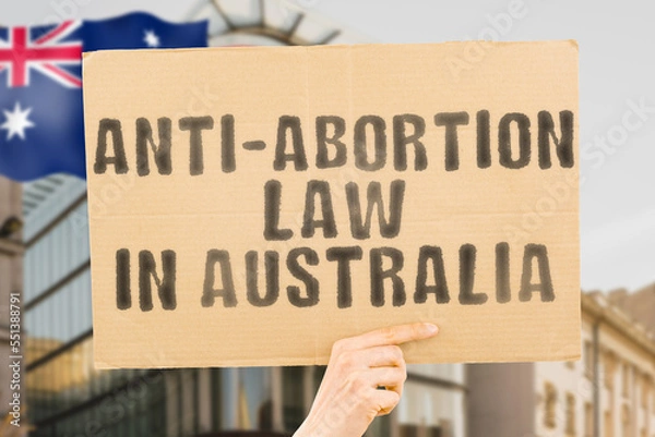 Fototapeta The phrase " Anti-abortion law in Australia " is on a banner in men's hands with blurred background. Stop. Ban. Law. Legal. Pregnancy. Right. Decision. Gavel. Judge. Social. Authority. Issue. Justice