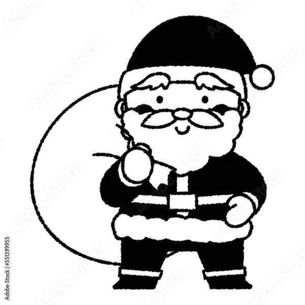 Obraz プレゼントが入った袋を持っているサンタクロースのイラスト（モノトーン）