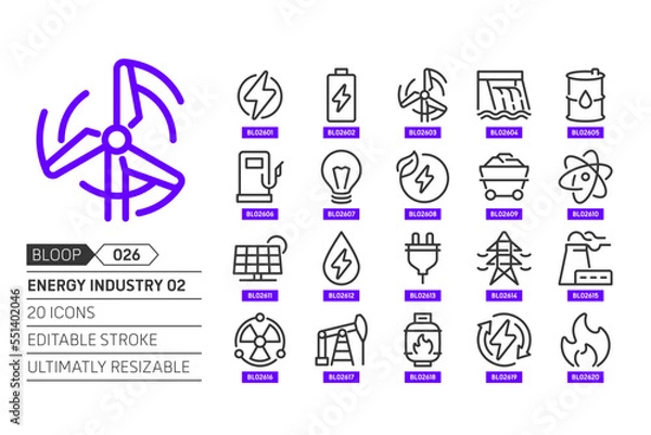 Fototapeta Energy industry 02 related, pixel perfect, editable stroke, up scalable, line, vector bloop icon set.