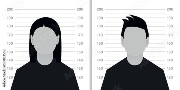 Fototapeta Front view of the suspect silhouette. Silhouette of anonymous man and woman with question mark on background of criminal record or police serial. vector illustration
