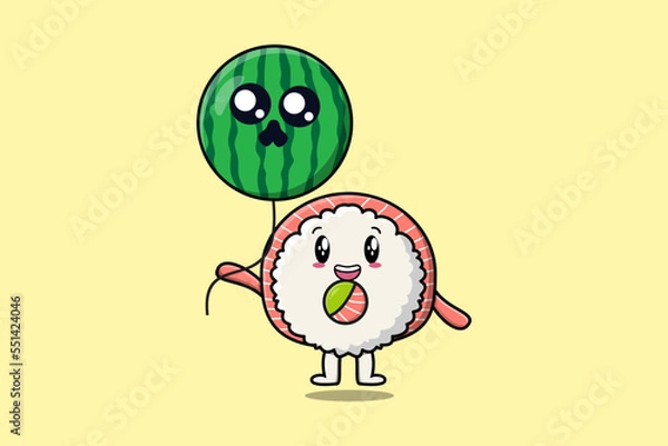 Fototapeta Cute cartoon Rice sushi rolls sashimi floating with watermelon flat cartoon vector icon illustration