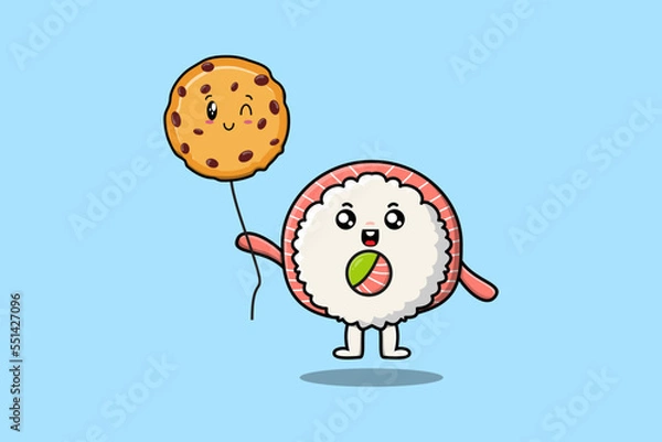 Fototapeta Cute cartoon Rice sushi rolls sashimi floating with biscuits balloon in flat cartoon vector icon 