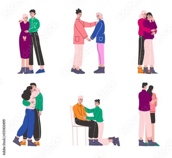 Fototapeta Sympathetic friends comforting. Consoling people. Crying and hugging persons. Emotional support. Care or of depressed characters. Couple relationship. Vector empathic men and women set