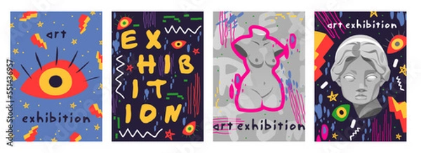 Fototapeta Retro futuristic flyers for modern abstract art exhibition. Antique sculpture and statue, eye, surreal shapes and cyberpunk elements. Vector illustration in trendy psychedelic techno style, posters
