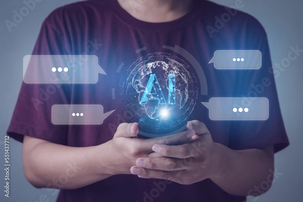 Fototapeta Businessman hand using smartphones to search for information and chat with AI or artificial intelligence, Database with intelligent system, future technology, technical progress, smart chatbox.