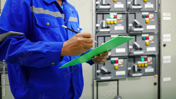 Obraz Electrical maintenance technician visual inspection electrical control cabinets in Station building and recording inspect results on check sheet clipboard, industrial and technology working concept.