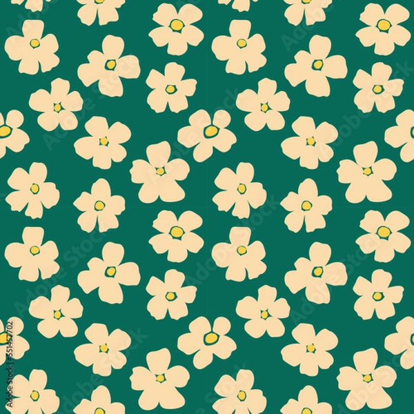 Fototapeta Seamless background with cherry blossom pattern on green fabric. Vector illustration. Wrapping paper pattern.