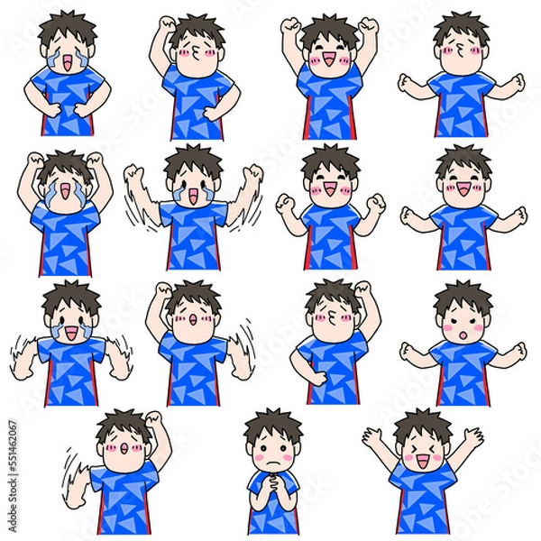 Fototapeta サッカー、フットボール観戦をするサポーターの男性　日本のユニフォーム　色々な表情