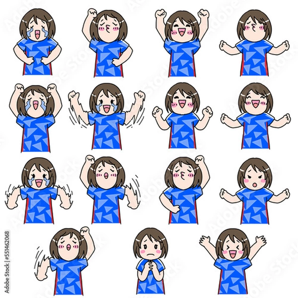 Fototapeta サッカー、フットボール観戦をするサポーターの女性　日本のユニフォーム　色々な表情