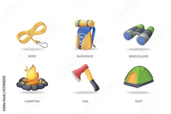 Fototapeta Camping 3D icons set in modern design. Pack isolated elements