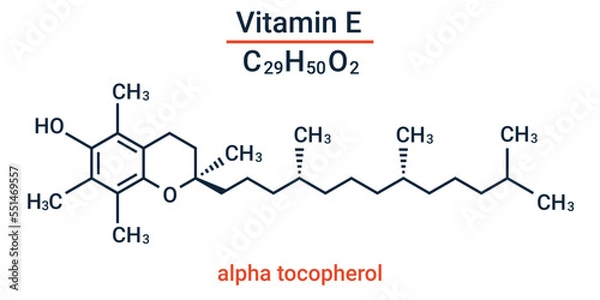 Fototapeta Vitamin E - alpha tocopherol. Vector illustration of a substance chemical formula  for medical articles, pill design. Structure of chemical bonds.