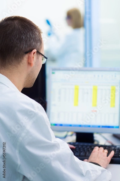 Obraz Scientist sitting in front of a computer analyzing data