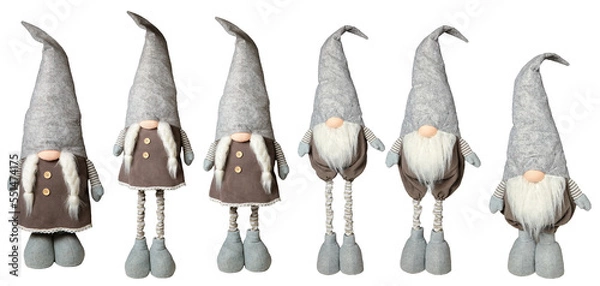 Obraz Christmas gnomes or elves in a brown sweater and a gray cap on a transparent background. A boy and a girl of different height..