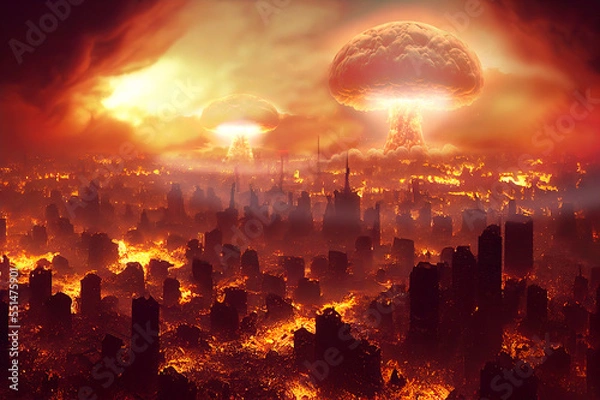 Fototapeta Nuclear bombing of a huge city. The beginning of the apocalypse. Realistic digital illustration. Fantastic Background. Concept Art. CG Artwork.