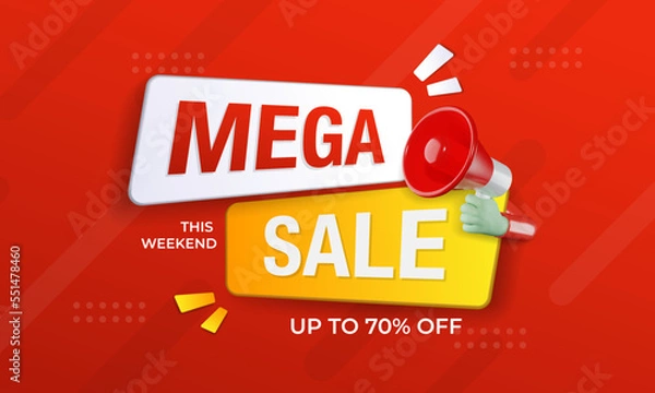 Obraz Mega sale banner promotion template with 3D megaphone on red background. Special deal label design
