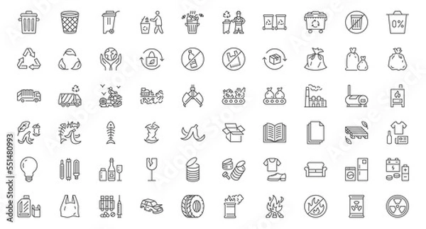 Fototapeta Waste sorting line icons set. Plastic bottle, biodegradable trash, junk truck, landfill, paper, glass, battery, conveyor vector illustration. Outline signs about garbage recycle. Editable Stroke