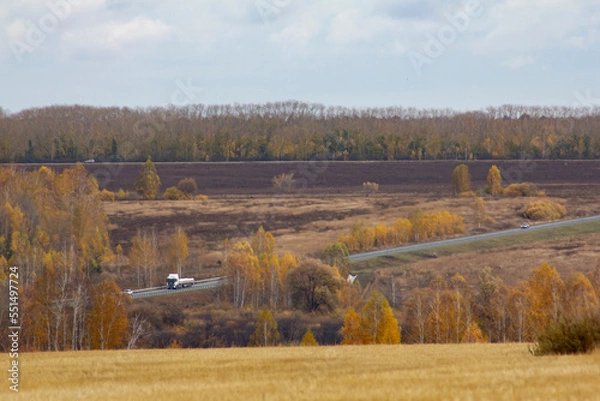Obraz The R-354 highway in Russia among the fields. Rural autumn landscape and highway in Russia.