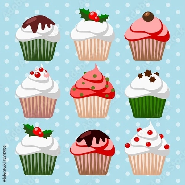 Fototapeta Christmas set of cupcakes and muffins, vector illustration