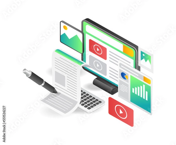 Fototapeta Isometric flat concept illustration of creative multi media web blog content
