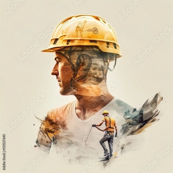 Obraz Double exposure photo of man in hard hat in various situations at work made with Generative AI.