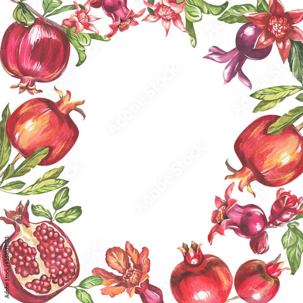 Obraz Pomegranate fruit and flowers. Watercolor illustration of pomegranate. Botanical illustration for package and postcard design. frame