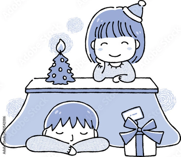 Fototapeta カップル・夫婦で過ごすクリスマスのイラスト（こたつ）_モノトーン
