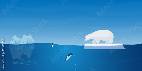 Fototapeta Beautiful arctic or antarctic landscape. A magnificent landscape with a large iceberg and an ice floe in the ocean, a polar bear, penguins and fish. Colorful illustration in single flat cartoon style