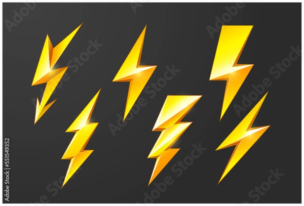 Fototapeta Lightning bolts set, thunderbolt and short circuit icons, electric discharge and lightning strike, vector