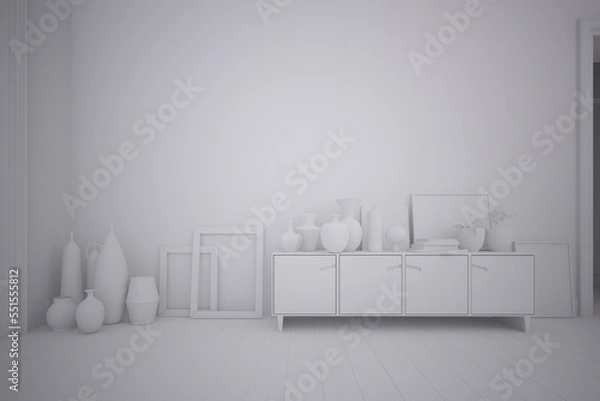 Fototapeta 3d rendering interior of a room with sideboard and furnishing accessories. Clay style rendering.