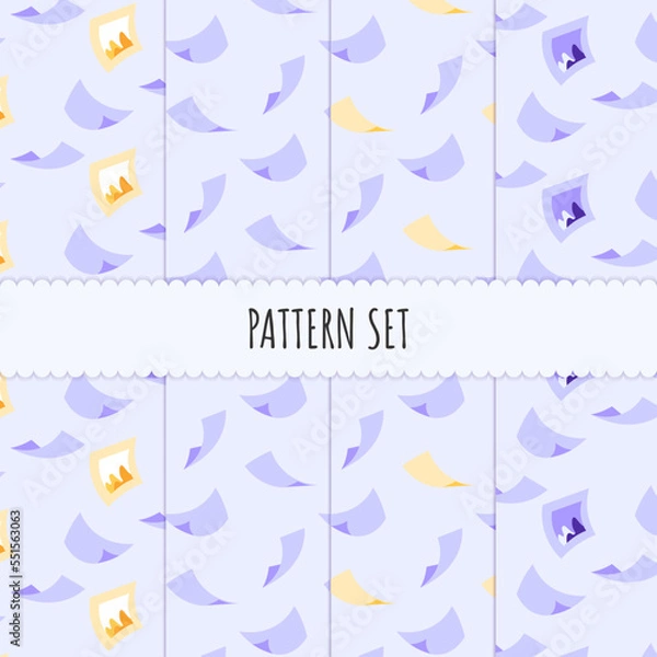 Fototapeta Pattern set. Seamless pattern with paper, page and pictures in frame icon on purple background for poster, banner, wallpaper. Wrapping Paper Pattern, scrapbook patterns or textile
