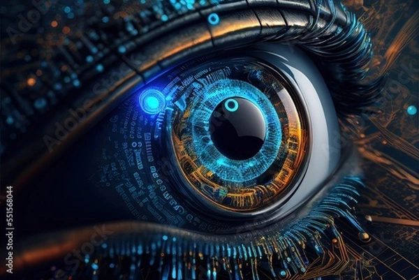Fototapeta Human android cyborg eye futuristic control protection personal internet security access.Concept robot dna system, future scientific technology innovation science. Blue polygonal vector