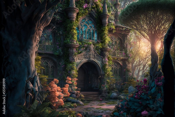 Fototapeta AI generated artwork of a large elfish castle in the forest. Fairy-tale castle	