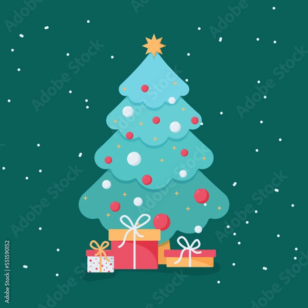 Fototapeta Christmas tree with gift boxes and snow isolated on background. Flat vector illustration. Festive art for winter holidays. Xmas tree decorated star and balls. Simple cute new year cartoon