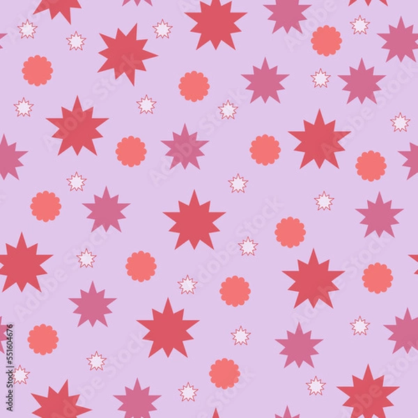 Fototapeta Seamless pattern of red stars and flowers on a pink background for textiles.