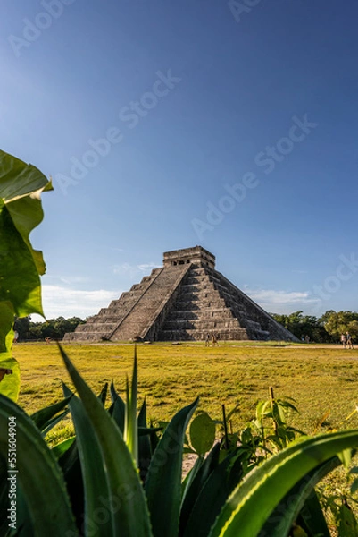 Fototapeta Photo of the pyramid in Chichen Itza taken through the plants.
