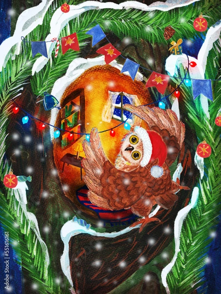 Fototapeta Funny owl decorates a hollow tree for New Year and Christmas. Watercolor illustration in cartoon style. A bright greeting card with copy space.