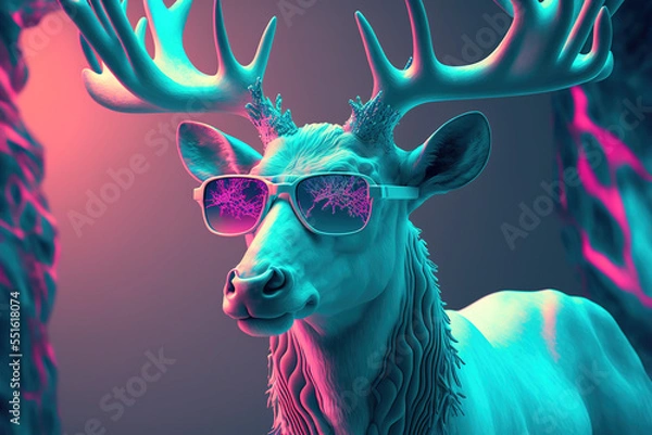 Fototapeta Neon cyberpunk futuristic portrait in pop art style of white reindeer with large strong horns and modern sunglasses. Purple lights. Generated AI.